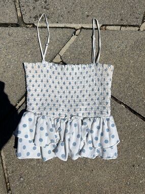 Zara White Smocked Cami with Light Blue Polka Dots